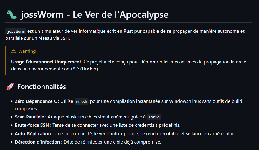 Aperçu du projet JossWorm